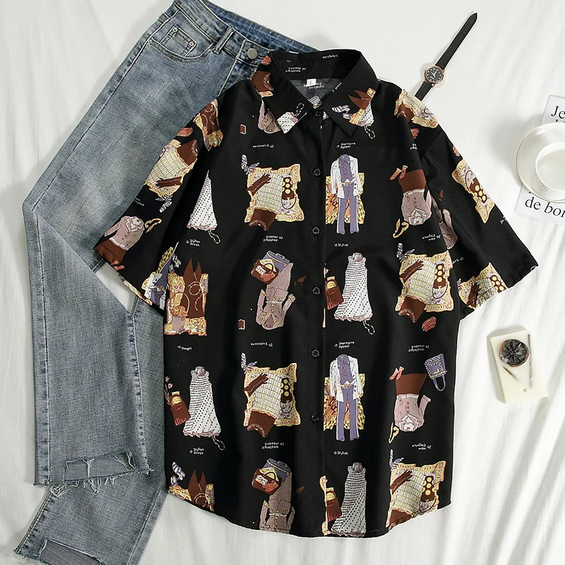 

Streetwear Short Sleeve Women Blouses School Work Office Shirts Casual Tops Ladies Cartoon Print Shirt Women Fashion Clothing
