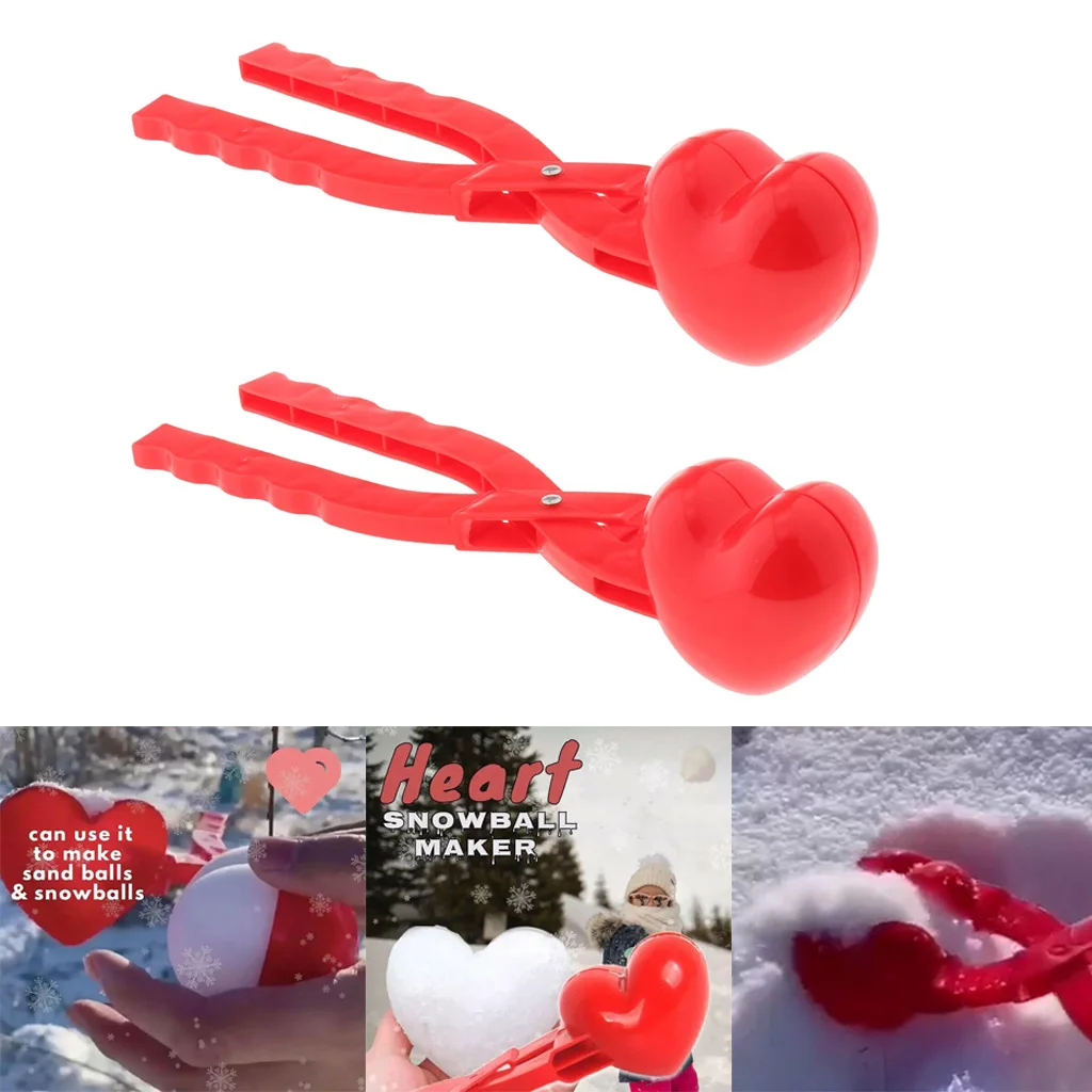 2pcs Herat Shape Snowball Clamp Clip with Handle Plastic Snowball Maker Clip Children Outdoor Winter Snow Sand Ball Mold Tools