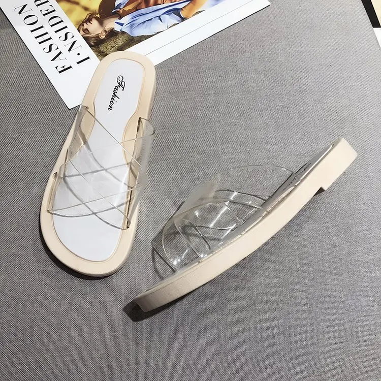 

Transparent Sandals Women's Summer New Style Korean-style Cross Transparent Flat Rubber Sole Anti-slip Students Outer Wear Versa