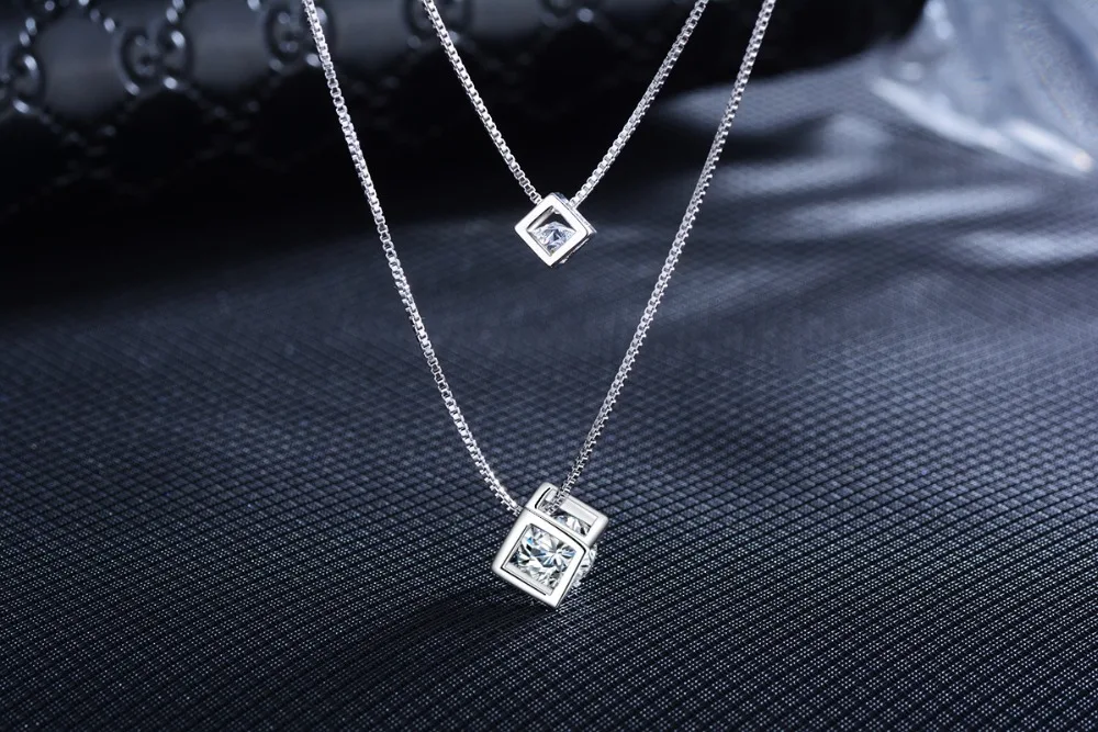 Silver Jewelry Set 925 Sterling Silver Layer Choker Necklaces Cubic Zirconia Cubes Box Earrings For Women Gift