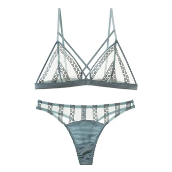 

Sexy Mesh Bralette with Bandage Ultra Thin Transparent Triangle Bra with Thong Set Underwear Women Wireless Unlined Lingerie