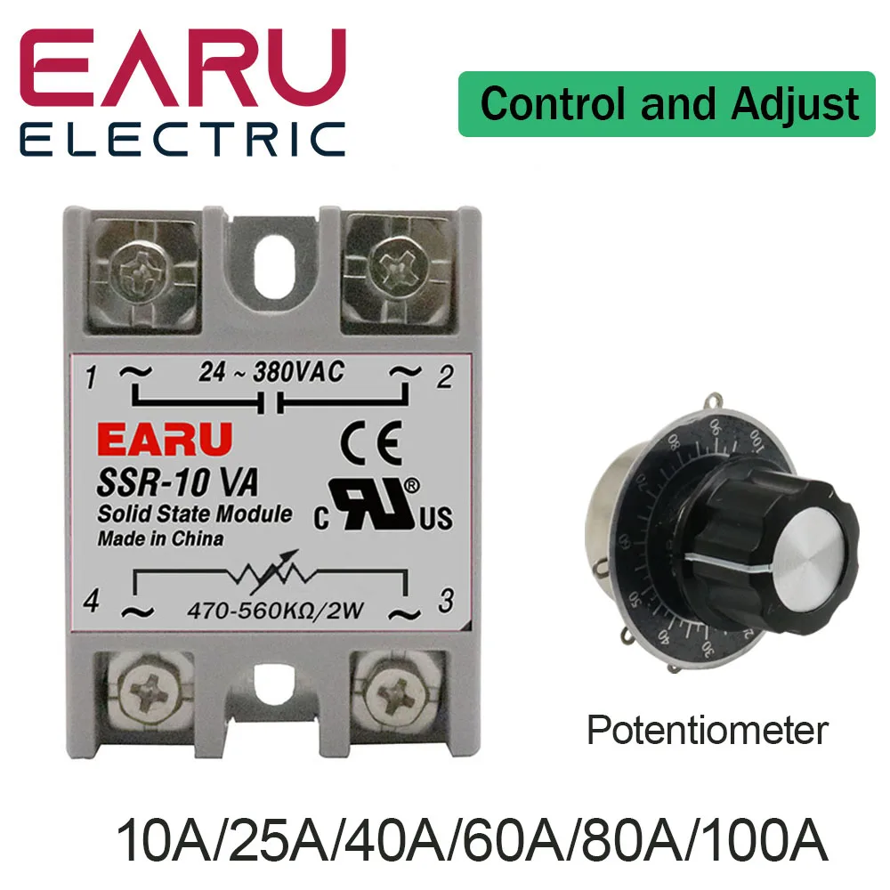 SSR-10VA SSR-25VA SSR-40VA SSR Solid State Relay Voltage Regulator AC24-380V Output+Potentiometer for PID Temperature Controller |