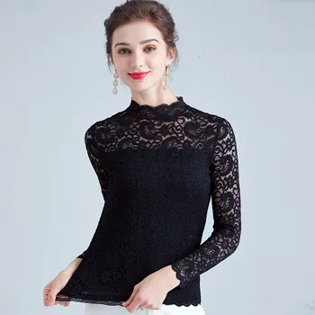 

New ladies round neck solid color lace hollow long-sleeved T-shirt