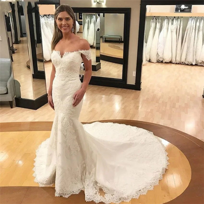 

Mermaid Lace Wedding Dresses Backless 2020 New arrival Floor Length Off the Shoulder Vestido de Novia Bridal Gowns Chapel Train