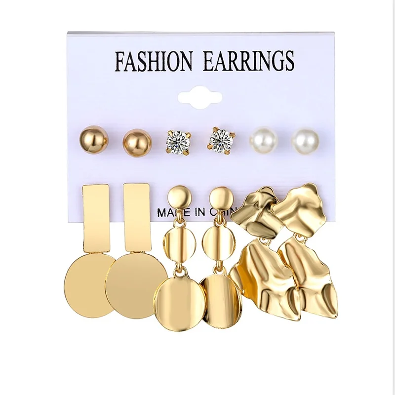 

FNIO Fashion Gold Sequin Metal Geometric Drop Earring Set for Women Irregular Round Crystal Dangle Earrings Brincos Jewelry New