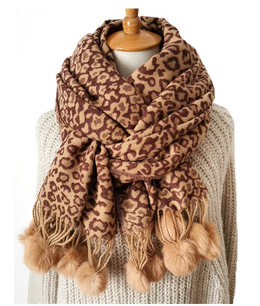 Кашемировый шарф с меховым помпоном из Ангорского Кролика, Леопардовый шарф, женские зимние аксессуары, роскошная шаль, шарф-Пашмина