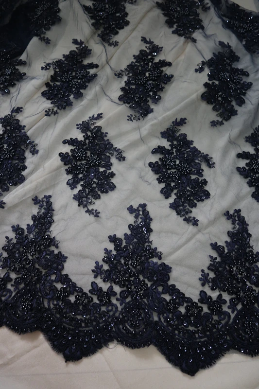 1 ярд Высококачественная темно-синяя Тяжелая вышитая бисером ткань, синяя вышитая ткань для свадебного платья свадебная фотография выпускной