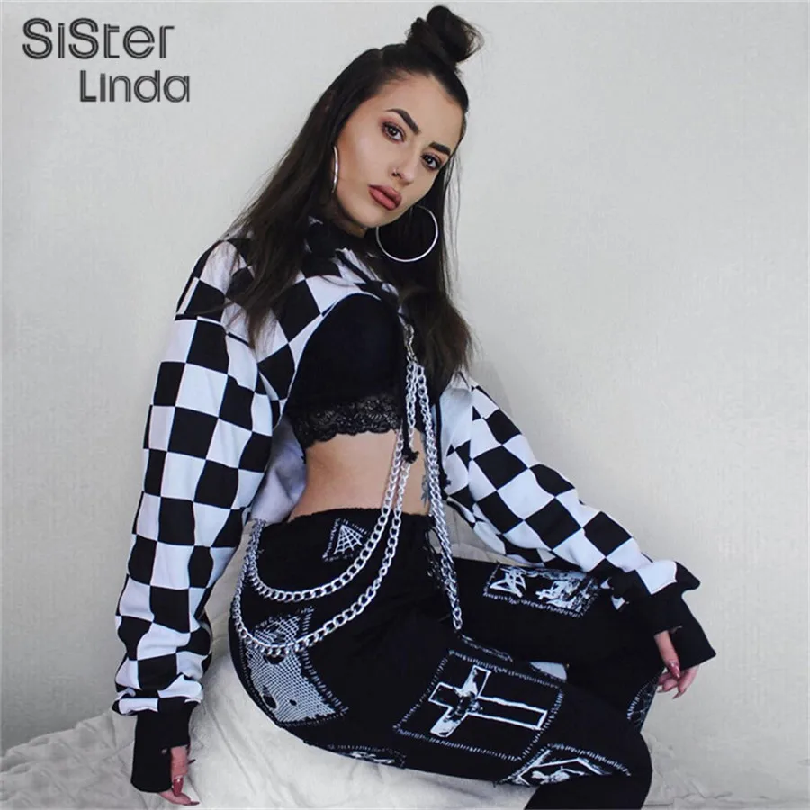 Sisterlinda осень зима женские толстовки с длинными рукавами Черный Белый Клетчатый Топ женские уличные Новые горячие толстовки с цепочкой