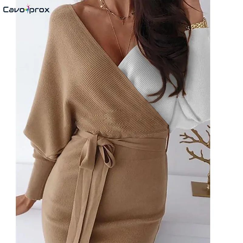 Women Colorblock Surplice Wrap Batwing Sleeve Ribbed Dress Long Sleeve Chic Elegant Spring Fall Bodycon Vestido