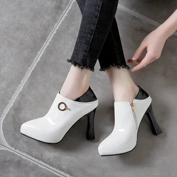 

ochanmeb Large Size 13 14 15 50 Women's High Heels Shoes Woman Ladies Zipper Short Boots Female PU Patent Leather Booties Autumn