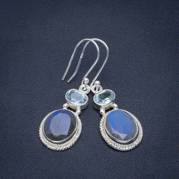 

Natural Blue Fire Labradorite and Blue Topaz Handmade Unique 925 Sterling Silver Earrings 1.75" B2870