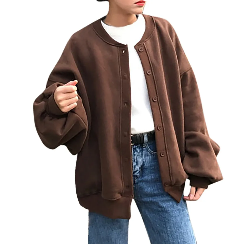 JAYCOSIN, больше размера d, однотонная куртка-бомбер, женское ретро пальто на пуговицах, весна, зима, длинный рукав, основного размера плюс, байкерские куртки 905W - Цвет: Коричневый