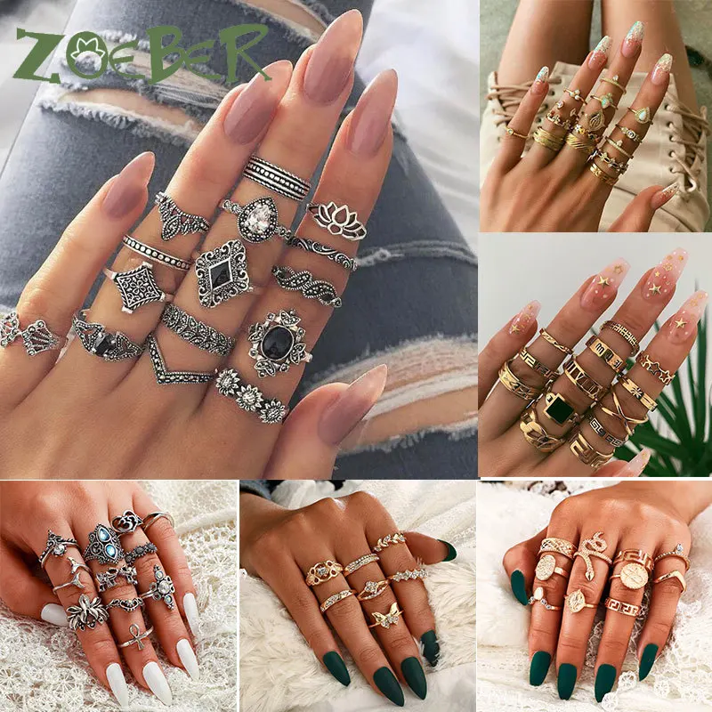New Rings Set Bohemian Vintage Gold Crescent Geometric Joint Ring Set for Women Crystal