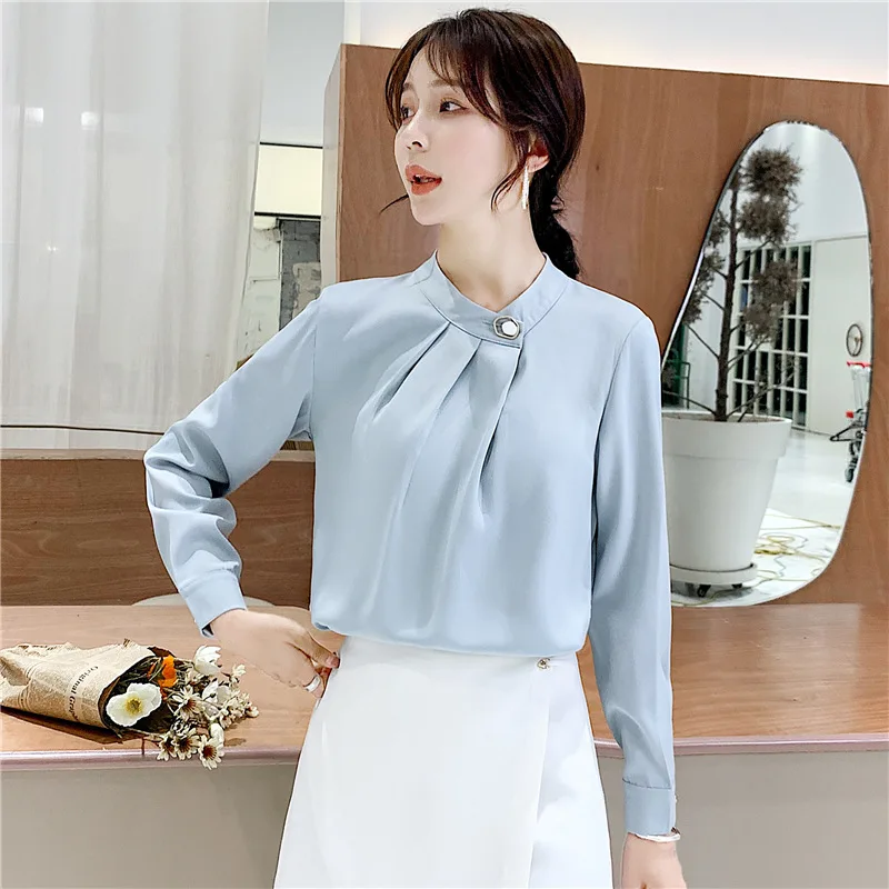 

White Shirt Women Long Sleeve 2019 New Style Sense of Design Non-mainstream Crew Neck Business Elegant Chiffon Shirt Ol Commutin