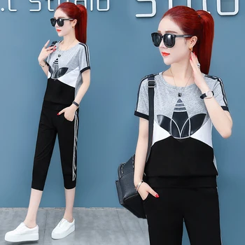 

2020 Summer Women's Fashion Sportswear Suit Casual Ladies Two Piece Set Short Sleeved Cropped Pants Orange Pink Green Gray