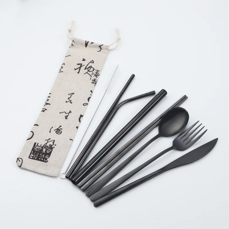Корейский набор посуды из нержавеющей стали портативные столовые приборы палочки вилка ложка с металлическими Коктейльные трубочки для путешествий набор столовых приборов - Цвет: Black-E