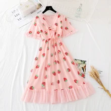 

2021 Strawberry Dress Women Fashion Deep V Puff Sleeve Sweet Voile Mesh Sequins Embroidery French Party Summer newDresses