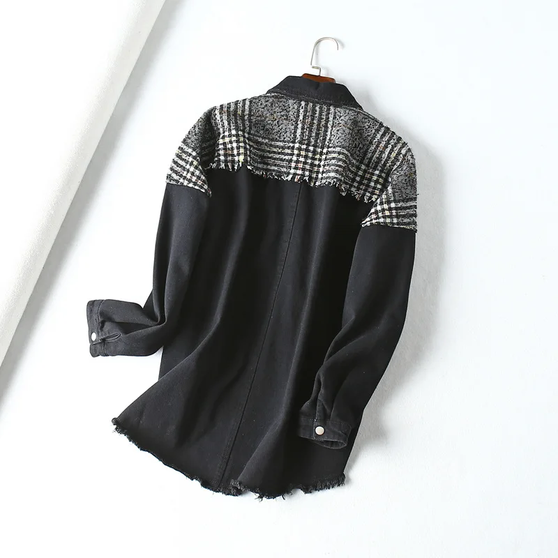 

St39 Street Fold-down Collar Graceful Plaid Flash Irregular Stitching Jacket Jeans Coat Women's Loose-Fit Fashion