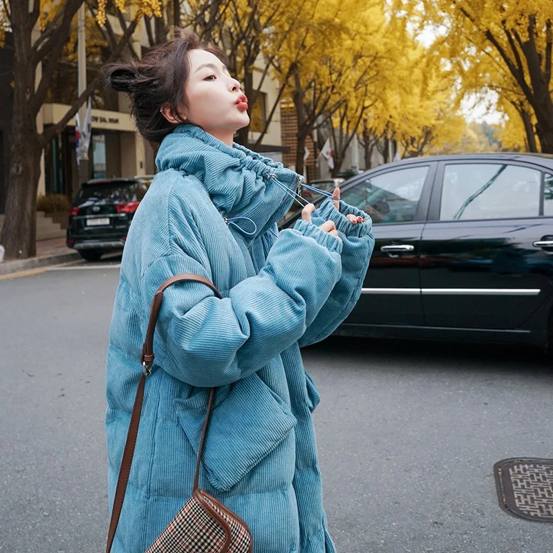 

Photo Shoot INS Korean-style Corduroy Blue Long Drawstring hua bao ling Four Pocket Thick down Coat Cotton-padded Clothes Women'