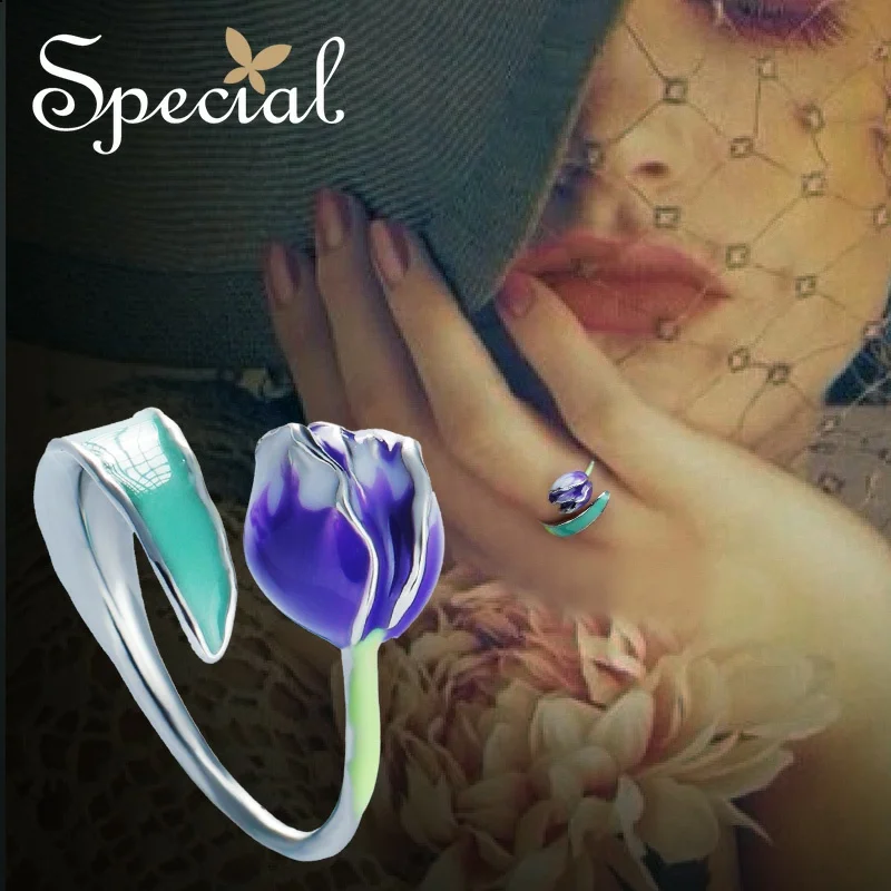 Кольцо женское эмалированное с цветком и тюльпаном S1720R|jewelry gift|ring sizeopen ring |