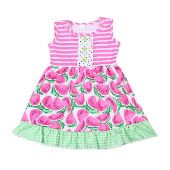

children boutique princess dress girl watermelon pattern summer clothes kid O-neck sleeveless knee length dress plaid ruffle