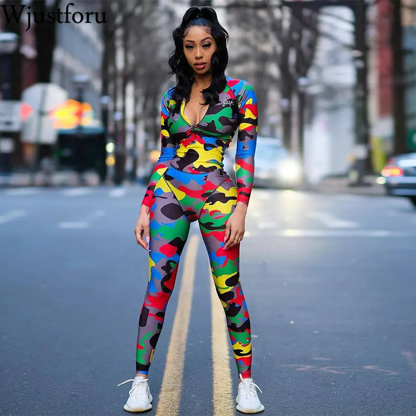 Wjustforu обтягивающий лоскутный камуфляжный комбинезон, женский модный спортивный комбинезон на молнии с воротником, Женский Осенний комбинезон-карандаш с длинным рукавом