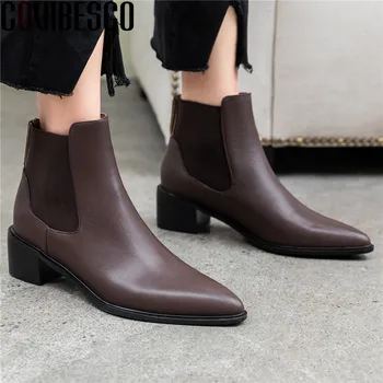 

COVIBESCO Vintage Top Quality Genuine Leather Women Ankle Boots Female Elastic Band Thick Heels Pumps Party Basic Shoes Woman