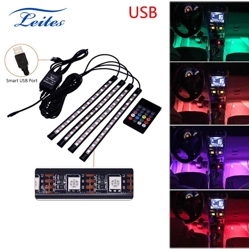 4pcs 48led Car Interior Led Strips Light Usb Music Sound Active Dc 12v