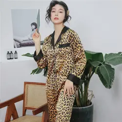 Women's Pajamas Set Vintage Leopard Sleepwear V Neck Design Luxury Print Sleepwear Silk Like Home Clothes Nightwear