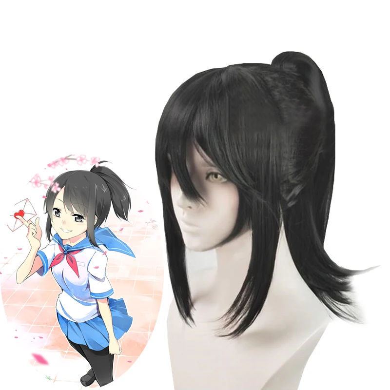 

Games Yandere Simulator Ayano Aishi Cosplay hairwear Black Synthetic Removable Ponytail wig +wig cap