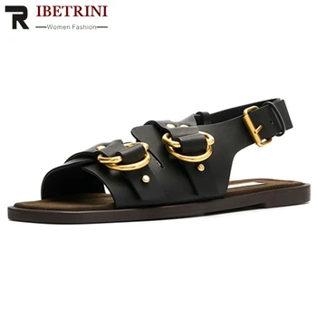 

RIBETRINI New Brand Design Summer Dress Flat Shoes Women Genuine Leather Gladiator Sandals Low Heel Summer Sandals