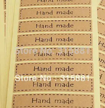 

HAND MADE with Stitch border Kraft brown Rectangle Sticker Labels Seals 640pcs/lot