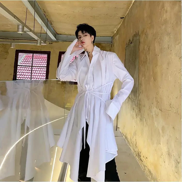 SHENGYUJIN Yamamoto style dark super long tether waist white shirt irregular loose elegant small shirt coat fashion men's shirt