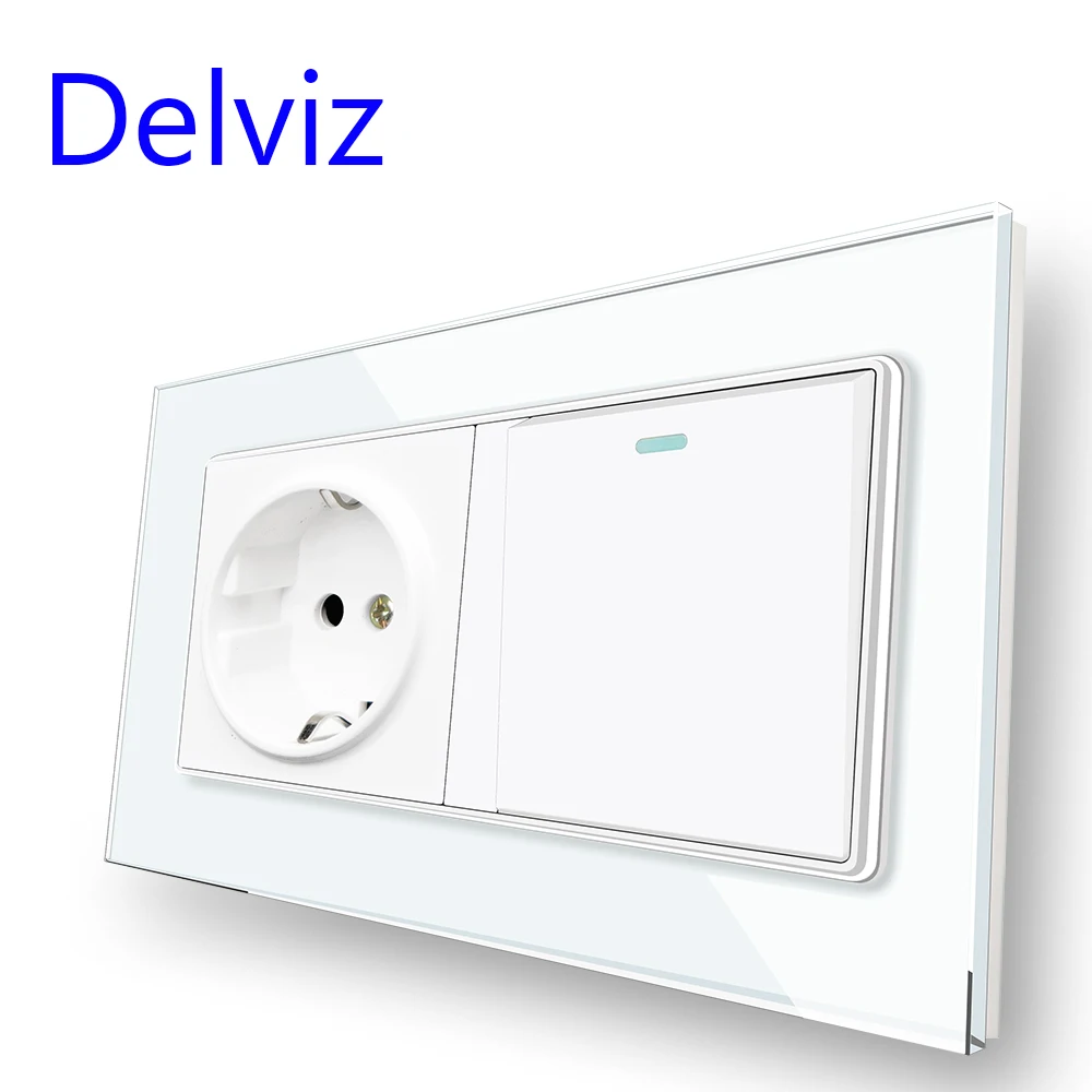 Delviz Wall Power Socket, AC 110V~250V, 1 Gang 2Way / 1Way push button on-off, Crystal Glass Panel, EU Standard 16A Light Switch