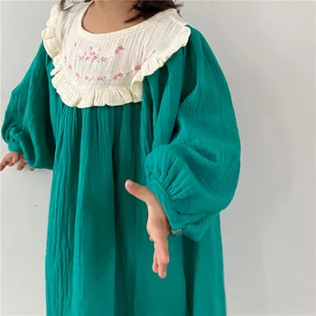 

2020 Autumn Children Embroidered Ruffled Collar Princess Dress Girls Double-Layer Gauze Solid Color Long Sleeve Dresses