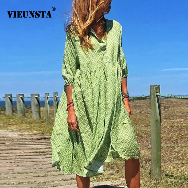

VIEUNSTA Fashion Plus Size V-neck Elegant Midi Dress Women Autumn Three Quarter Sleeve Loose Dress Sexy Floral Print Party Dress