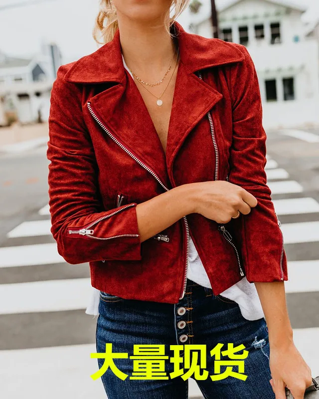 

1279 # Hot Selling Coat Women's Autumn And Winter New Style Fold-down Collar Multiple Zipper Short Women's Tops