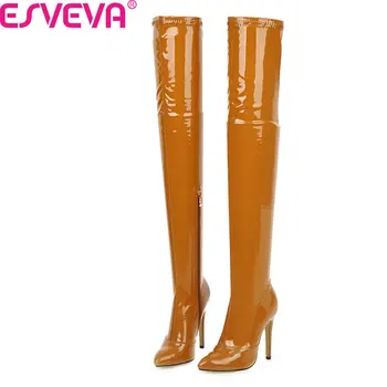 

ESVEVA 2020 New Autumn Winter Thin High Heel PU Leather Women Shoes Fashion Pointed Toe Zipper Over The Knee Boots Size 34-43