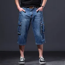Джинсовые шорты мужские летние свободные 7 семь шорты Новые Большие размеры мульти-карман оснастки тренд тонкие джинсовые шорты байкерские джинсы