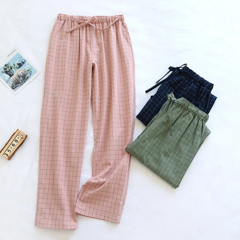 couple Washed Cotton Trousers Thin Men And Women Home Pants Elastic Waist Sleep Bottoms Plaid Lounge Pants Home Sleepwear 2021_ecoleips.com
