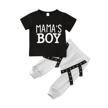 

Pudcoco Free Shipping 0-3Years New Toddler Baby Boy Clothes Ser Black Letter Printed Short Sleeve Top Gray Pants Outfit Set