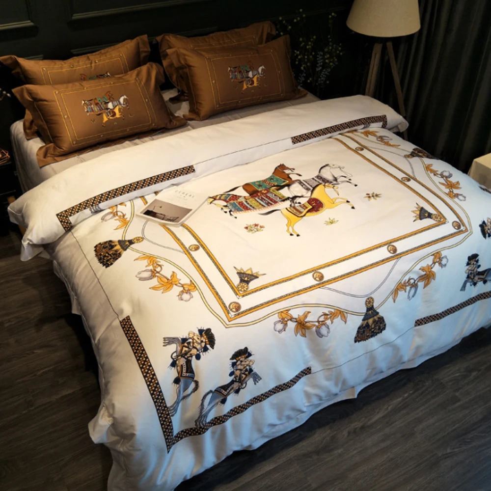 

High-end digital inkjet printed horse Bedding Set 100 fabric count cotton bed cover sheet pillowcase Bedding-set 4pcs