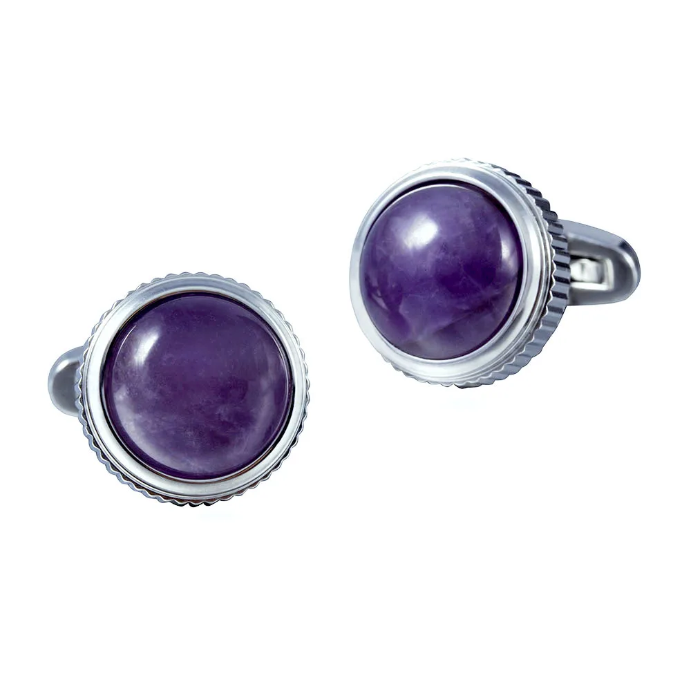 

Purple Amethyst Gemstone Serrated Stainless steel 316L cufflink Tuxedo Shirt Gentry cufflinks