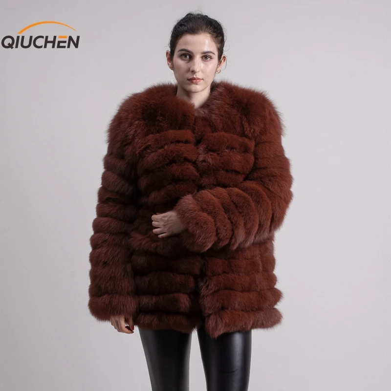 QIUCHEN PJ1823, Женское пальто из натурального Лисьего меха, верхняя одежда из натурального Лисьего меха, пушистый мех, Осень-зима,, новое поступление - Цвет: caramel