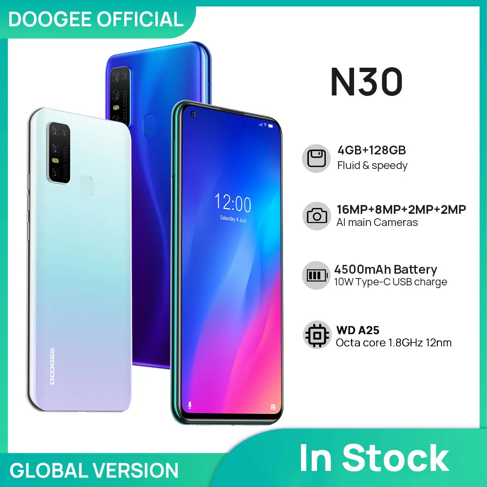 US $141.99 DOOGEE N30 Cellphone Full Netcom 655inch Mobile Smart Phone Quad Camera 128GB ROM Octa Core Global Version 4500mAh Android 10