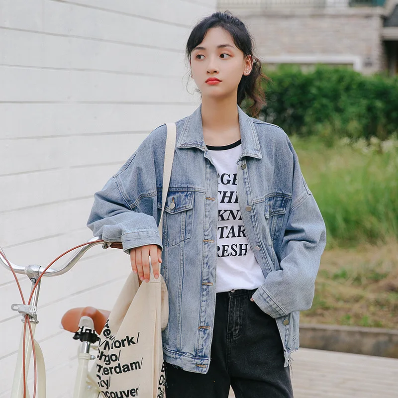 

2019 Korean-style Spring And Autumn Versatile Harajuku BF Style Loose And Plus-sized Jeans Coat Women's INS Medium-length Fashio