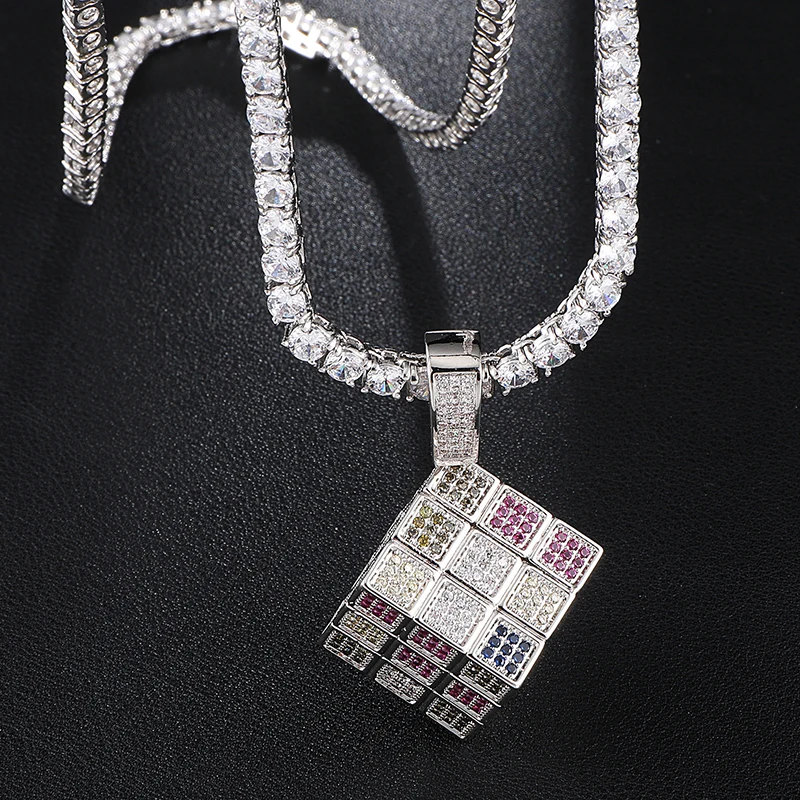 US7 Bling Square Dice Pendant Necklace Copper Gold Silver Color Iced Out Cubic Zircon Men Hip Hop Jewelry Street Danc Gift