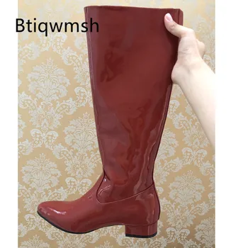 

2020 Red Knee High Boots Women Pointed Toe Patchwork Low Heel Boots Ladies Fashion Knight Boots