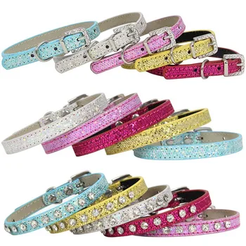 

Colorful Shining Diamond Rhinestone Pet Collar Genuine Leather Neck Strap Safe for Cat Dog Soft Pet Supplies Accessories