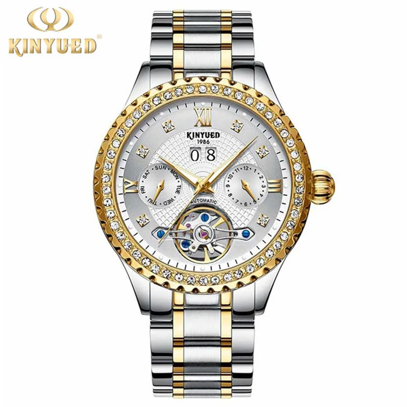  Top Brand Luxury Kinyued Mens Automatic Mechanical Watches Gold Black Tourbillon Watch Men Auto Dat